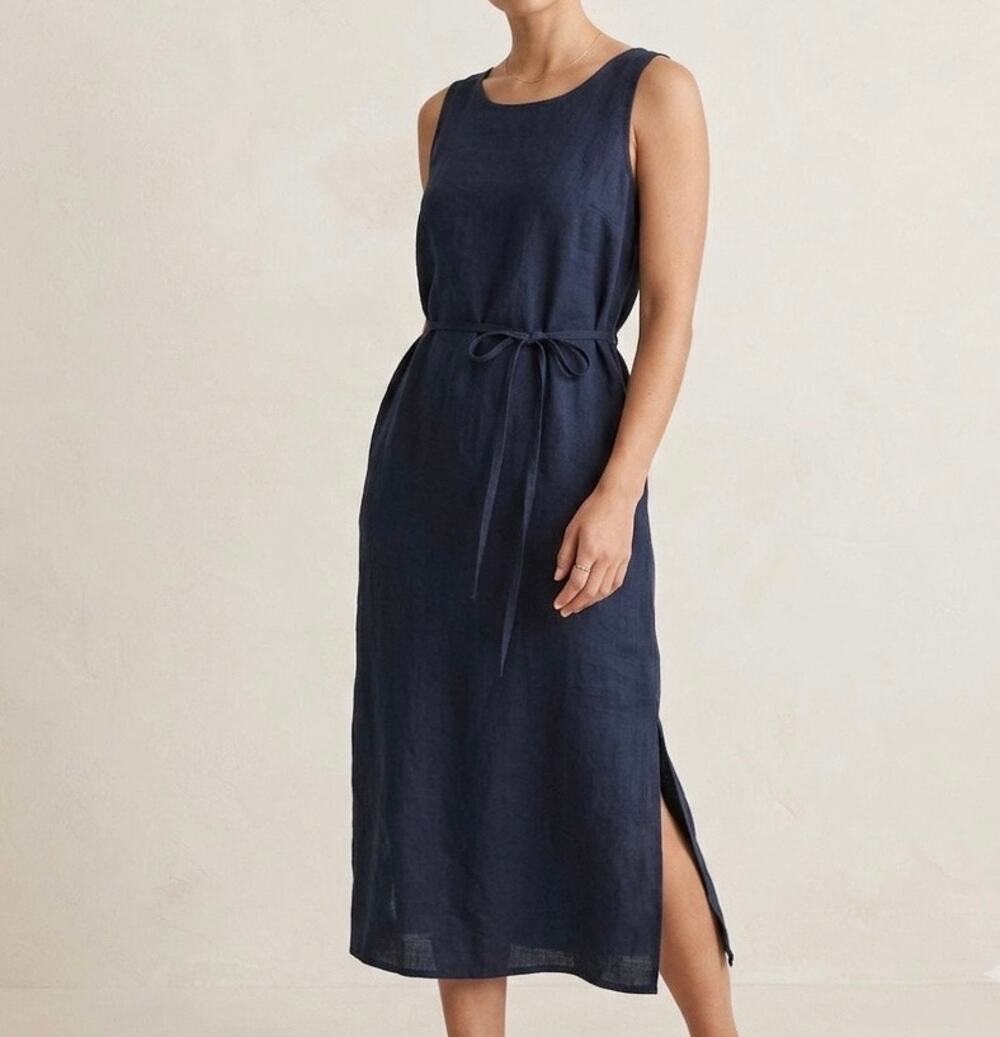 Linen Dress Womens Small Navy Blue Sleeveless Belted Midi Tank Dress‎ 100% Linen
